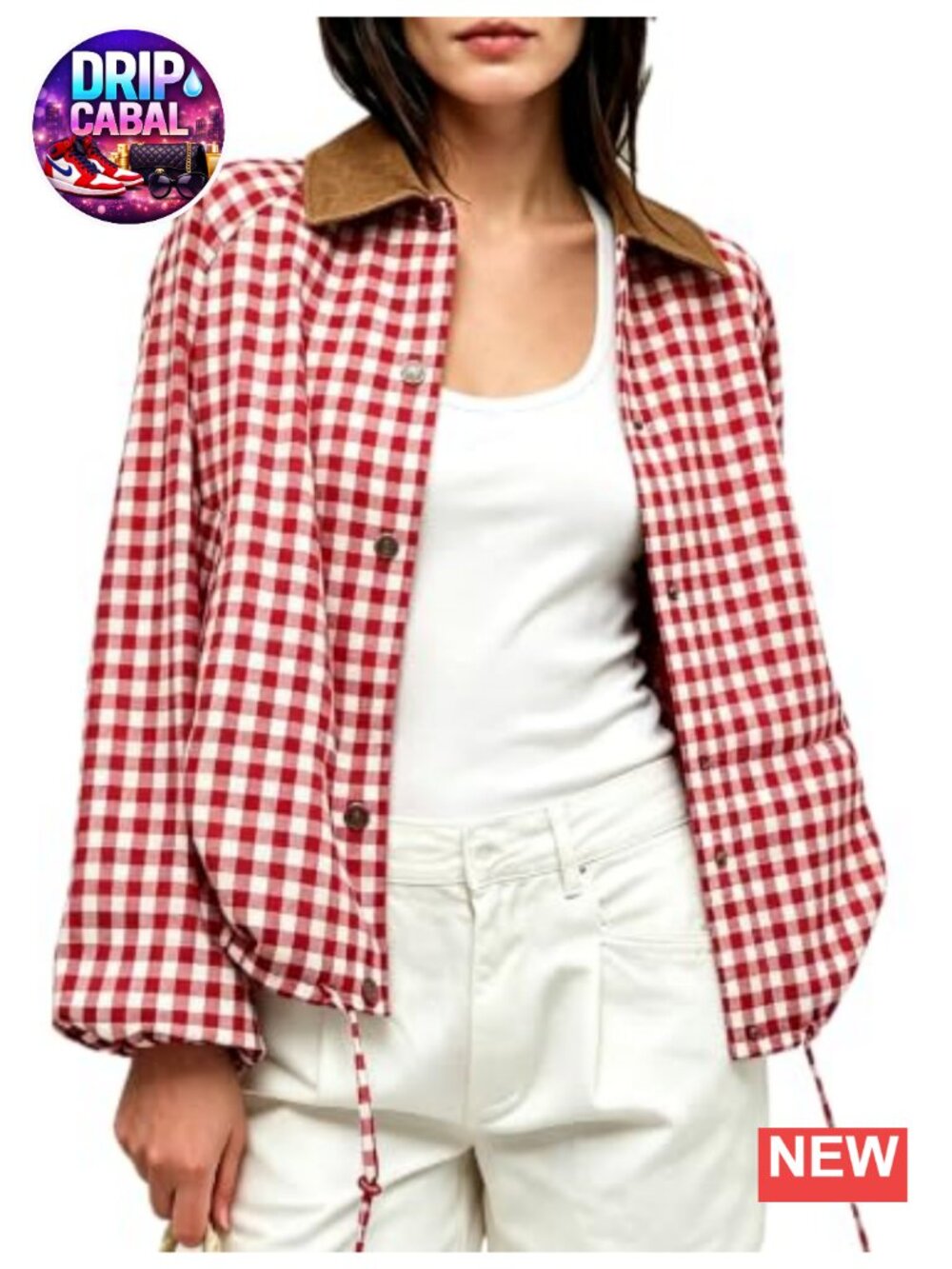 Womens Gingham Plaid Cropped Jacket Contrast Collar Drawstring Hem Shacket